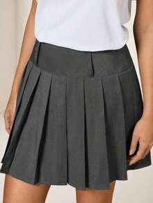 Falda plisada de línea A a cuadros de moda para mujer, adecuada para ir al trabajo - Gris Oscuro - Ver 7