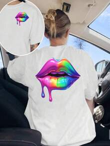Camiseta Gráfica de Labios Arcoíris para Mujer - Estampado de Labios Vibrantes en Rosa y Morado, Cuello Redondo, Manga Corta, Top Ligero de Verano para Atuendos Casuales y Formales - Uso Diario, Fiestas, Ropa Casual - Ropa de Mujer Lavable a Máquina, Camisetas para Damas Y2k Camiseta Camisa De - Blanco - Ver 10