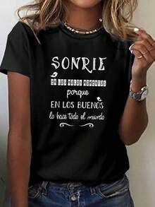 T-Shirt With A Fun Spanish-Themed Print, Short Sleeves And Round Neck, Casual Style, Suitable For Spring And Summer, Women's Summer Clothing. - 黑色 - 查看 7