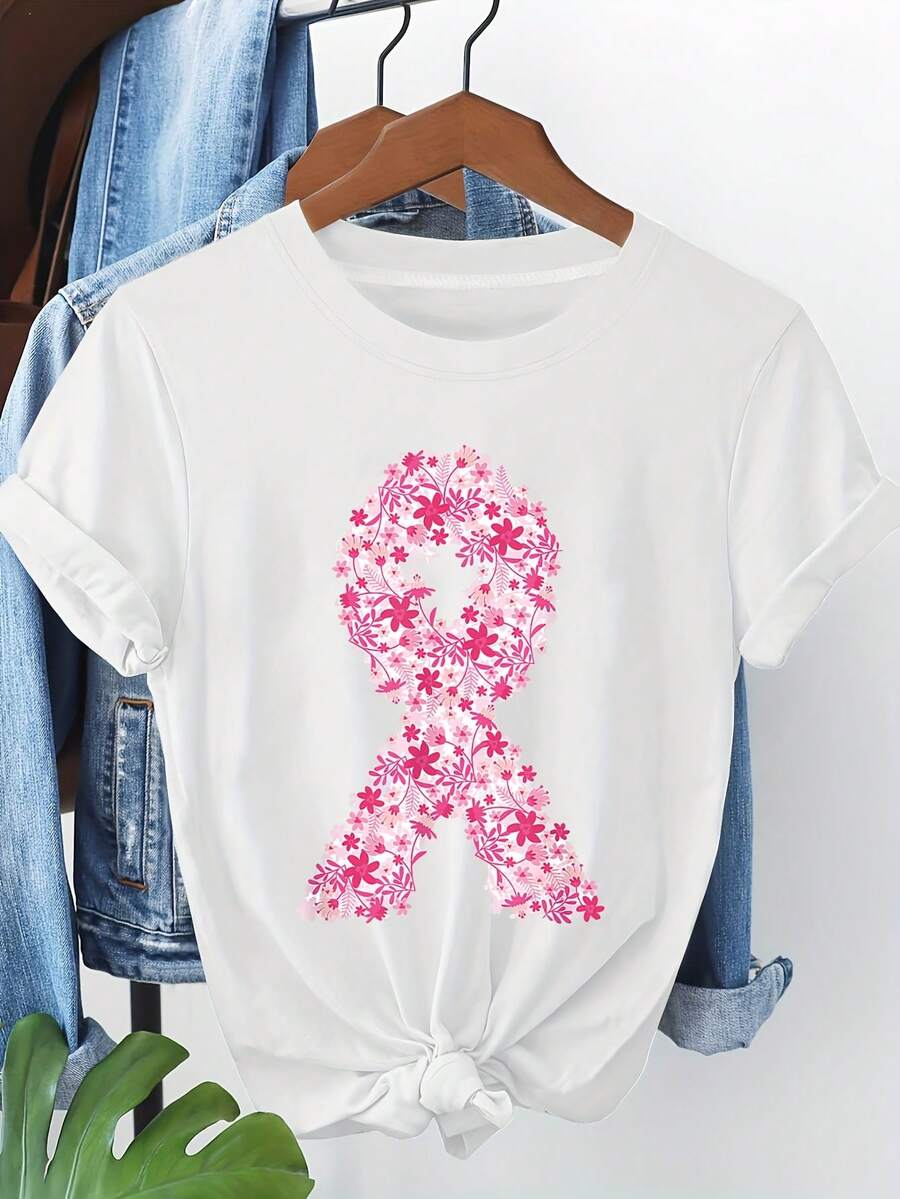Breast Cancer Prevention Floral Ribbon Print T-Shirt - Women's Spring/Summer Short Crew Sleeve Casual T-Shirt - Daily Leisure, Holiday Gift - White - View 1