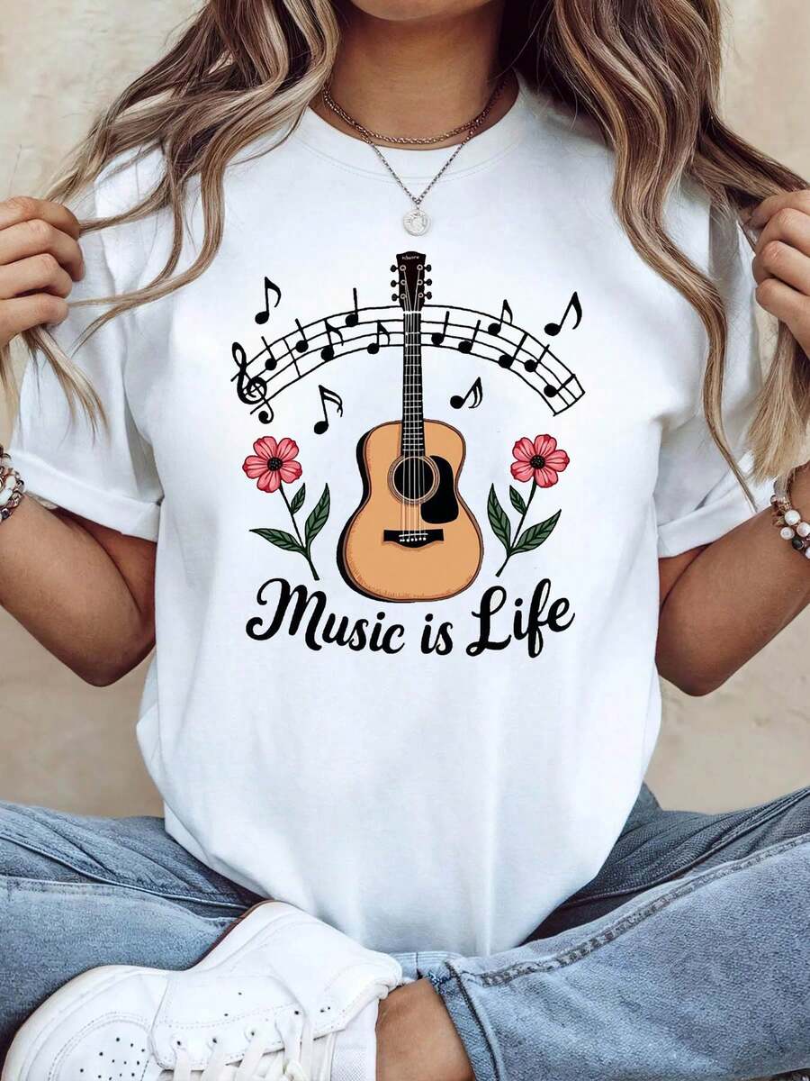 Music Is Life - Women's Guitar Floral Print T-Shirt, Perfect For Music Festivals And Outdoor Picnics. A Cozy And Artistic Short-Sleeved Tee For Everyday Outings. - 白色 - 查看 1