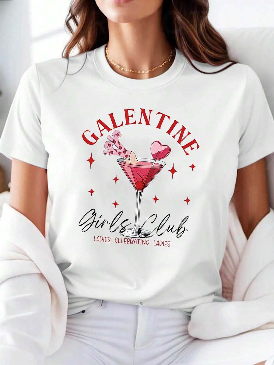 Galentine Club impresión gráfica T - Camiseta mujer primavera - verano corto - manga tripulación - cuello casual T - camiseta, ocio diario, regalo de vacaciones - Blanco - Ver 1