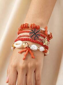 2 Piece Set Of Ocean Elements Bracelet, Including Coral, Starfish, Shell & More Elements, Fashionable Jewelry For Summer Vacation, Travel & Holiday - Coral/Starfish - View 9