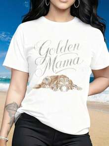 Camiseta de manga corta con cuello redondo para mujer, camiseta "Golden Mama Dog Lover" para mujer, top casual de algodón negro para dueñas de mascotas con diseño de Golden Retriever y gráfico de corazón. Los estampados divertidos son adecuados para el Día de San Valentín, fiestas de Navidad, actividades deportivas, fiestas de vacaciones, salidas, deportes y otros regalos navideños. Camiseta unisex de algodón holgada de manga corta y cuello redondo estilo vintage urbano. Blusas para mujer, playeras de mujer, blusas casuales para dama. - Blanco - Ver 4