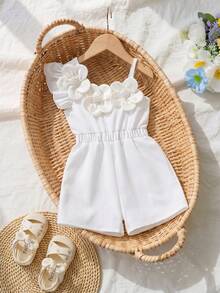 Young Girl's Solid Color Beaded 3D Floral Decor White Sleeveless Jumpsuit, Suitable For Daily Play, Weekend Outings, Party Occasions - White - View 3