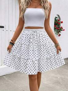 Falda de línea A con volantes y estampado floral de primavera/verano - Blanco - Ver 10