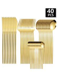 4/24/32/40 piezas Juego de cubiertos de acero inoxidable estilo portugués, incluye cuchillos, tenedores, cucharas, cucharitas de café, adecuado para restaurantes, hoteles, bodas, regalos festivos - Dorado - Ver 6