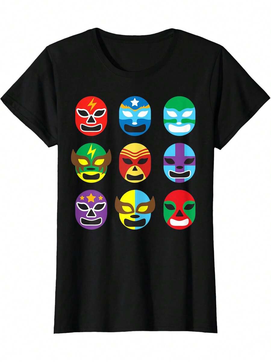 Camiseta negra unisex con estampado de máscara de lucha libre colorida - Ropa casual con arte gráfico llamativo, perfecta para fans del wrestling y estilo diario; Diseño único con colores vibrantes y cómoda Y2k Camiseta Camisa De - Negro - Ver 1