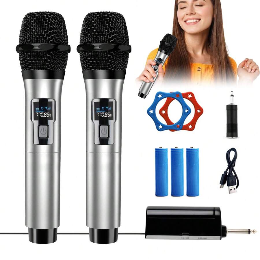 Wireless Microphone Dual Mic, 2 Pack Handheld Dynamic Mic System With Rechargeable Receiver, 1200mAh Battery, 50-80m Long Range, Cardioid Pickup, Plug And Play For Karaoke Speaker Amplifier PC Church Wedding Party - Silver - View 1