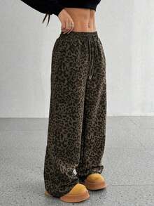 Pantalones rectos de cintura alta con estampado de leopardo retro, cintura elástica con cordón, estilo callejero casual de chica americana, para primavera y otoño - Multicolor 2 - Ver 1