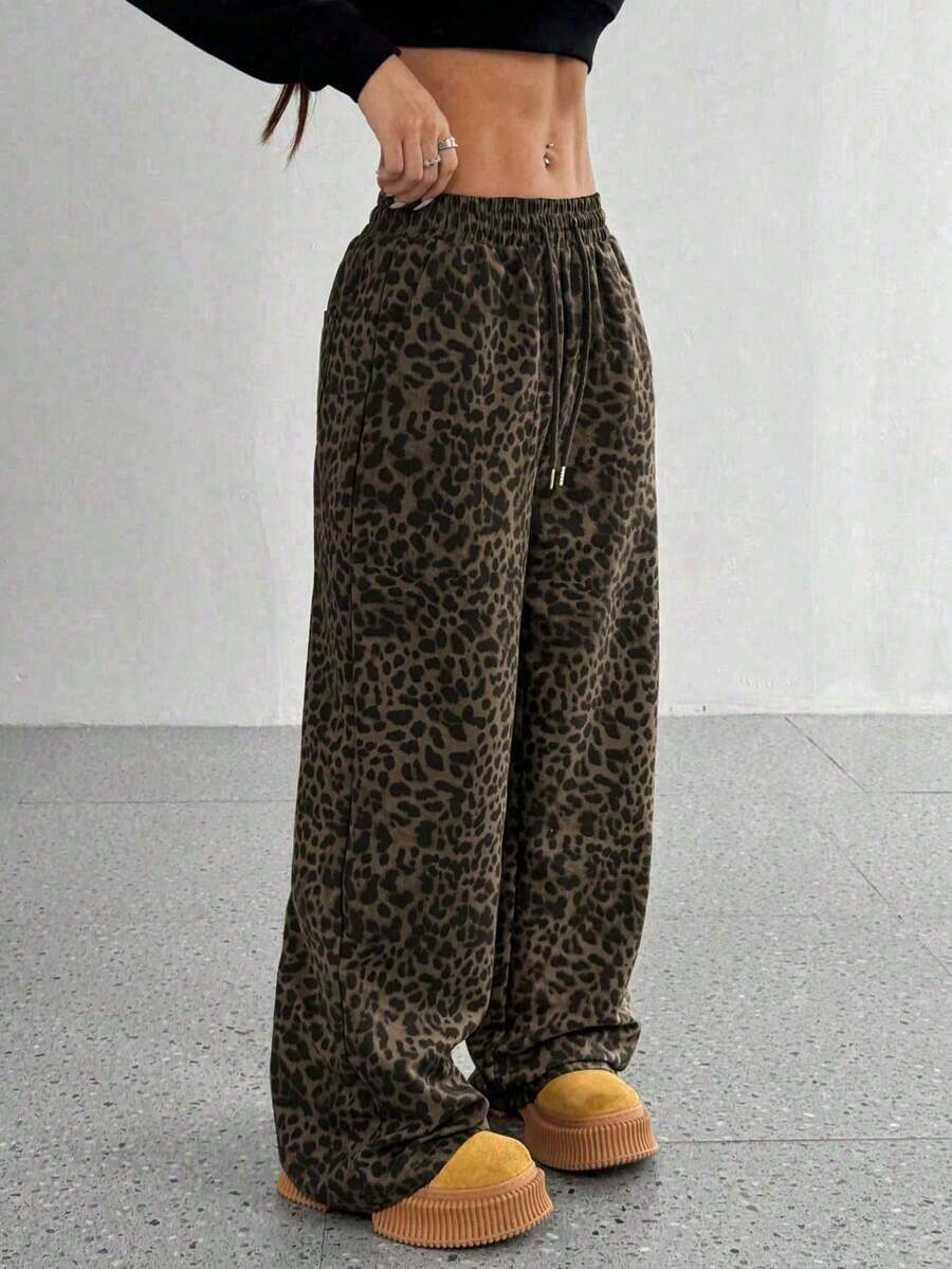 Pantalones rectos de cintura alta con estampado de leopardo retro, cintura elástica con cordón, estilo callejero casual de chica americana, para primavera y otoño - Multicolor 2 - Ver 1