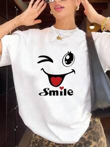 Camiseta de mujer de manga corta con cuello redondo y estampado de dibujos animados, en color blanco, camiseta gráfica, adecuada para looks de verano, otoño e invierno, color negro100% Cotton - Blanco - Ver 3