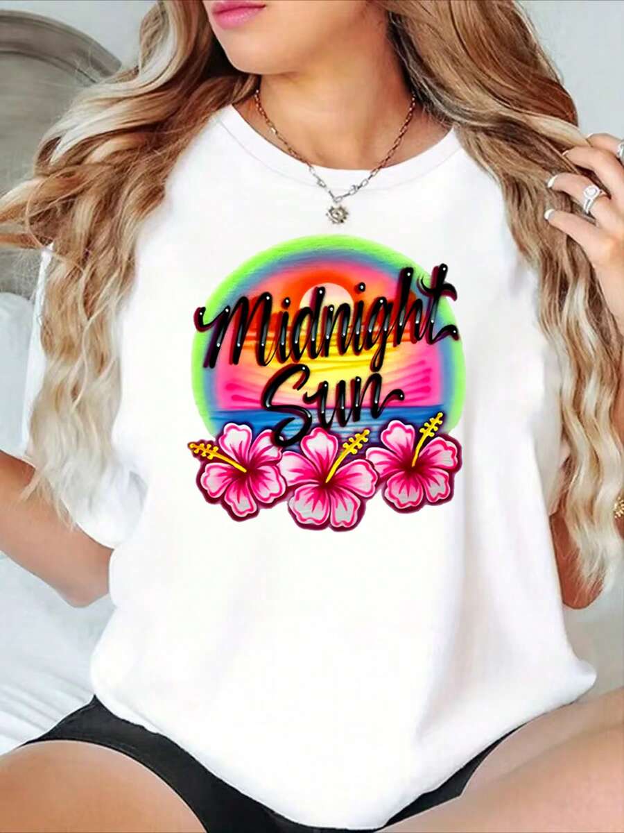 Camiseta con Estampado Tropical 'Sol de Medianoche' de Diseño Simple y Versátil - Camiseta Casual de Manga Corta y Cuello Redondo para Mujer, Suave, de Corte Holgado, Esencial para la Moda de Primavera/Verano, de Algodón - Blanco - Ver 1