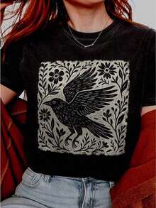 Camiseta con estampado de cuervo del bosque en lino, camiseta con linotipo de cuervo de arte popular, camiseta vintage de estilo forestcore, camiseta estética cottagecore goblincore de bruja, camisetas gráficas divertidas para hombres y mujeres, cuello redondo, camisetas casuales holgadas, adecuadas para primavera, verano y otoño. - Negro - Ver 6