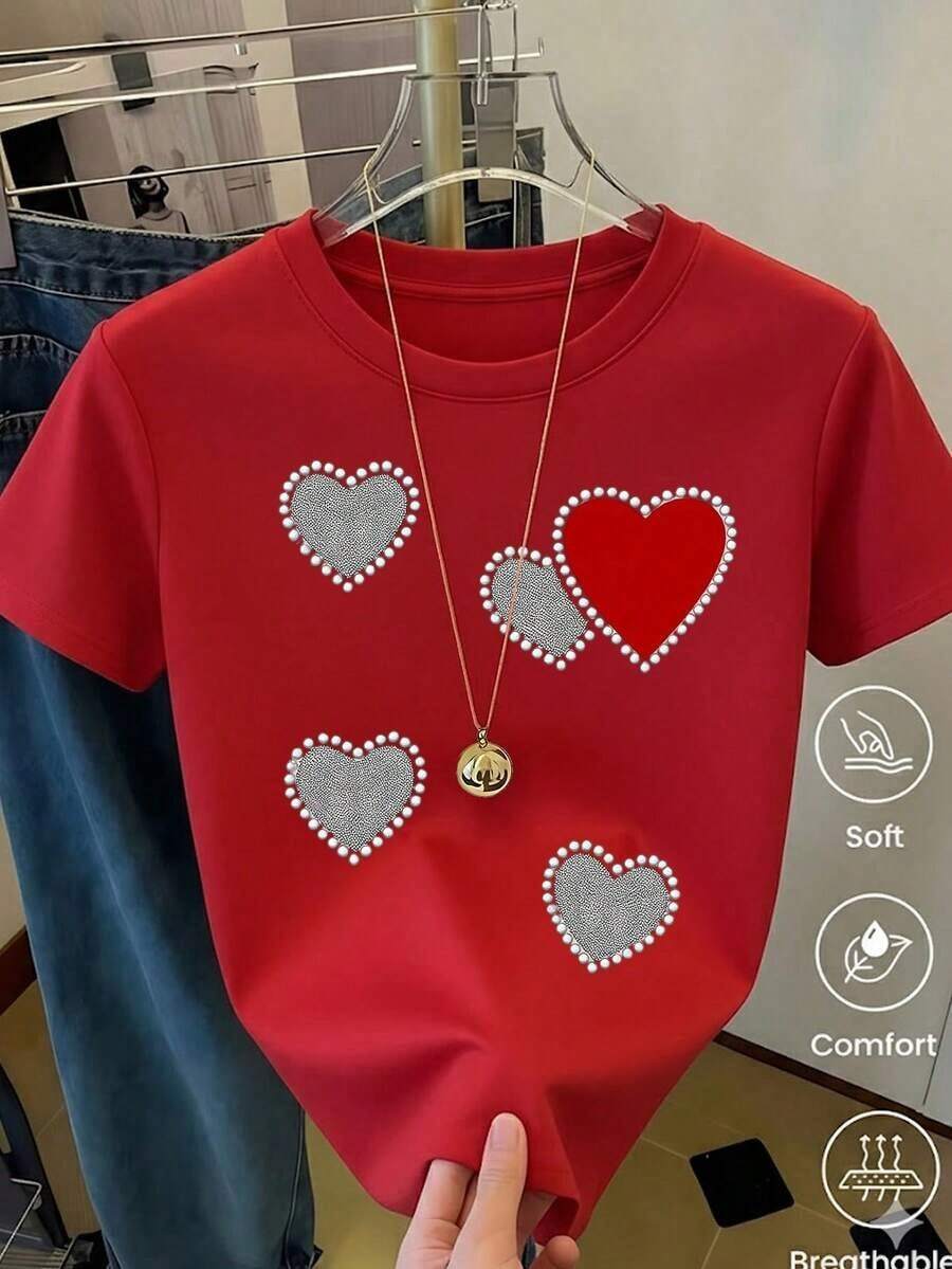 Breathable White T-Shirt For Women With Glitter Red Heart Graphic And Silver Trim, Sparkly Aesthetic Style Short Sleeve T-Shirt, Romantic And Feminine Top, Fashionable Casual Blouse, Warm Clothing For Women - 紅色1 - 查看 1