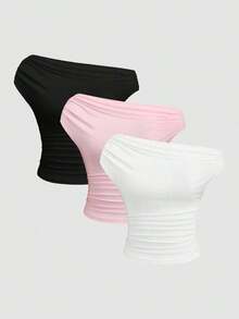 Camiseta ajustada de manga corta y cuello asimétrico de color liso, versátil y cómoda - Multicolor - Ver 9