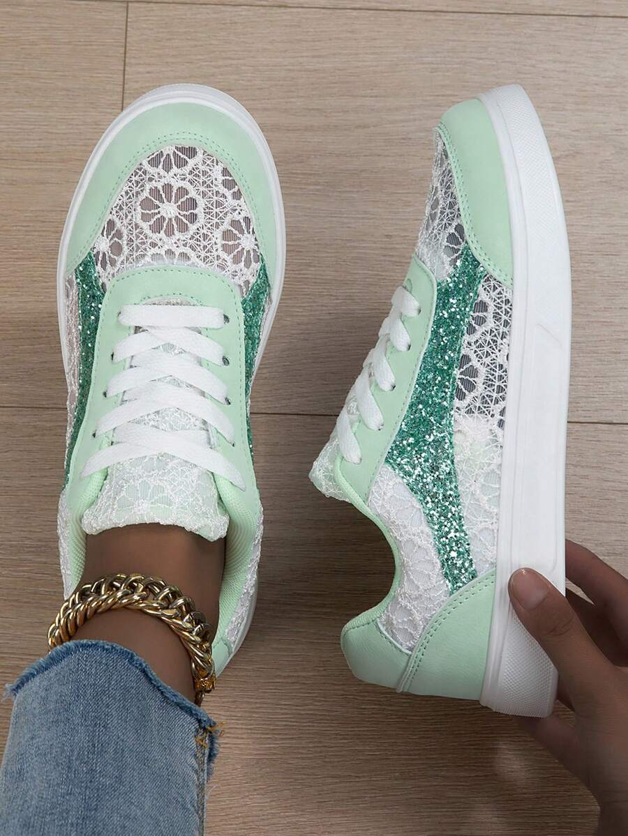 Summer New Lace Patchwork Breathable Comfortable Round Toe Lace-Up Fresh Mint Green Canvas Shoes, College Style Sneakers For Women - Mint Green - View 1