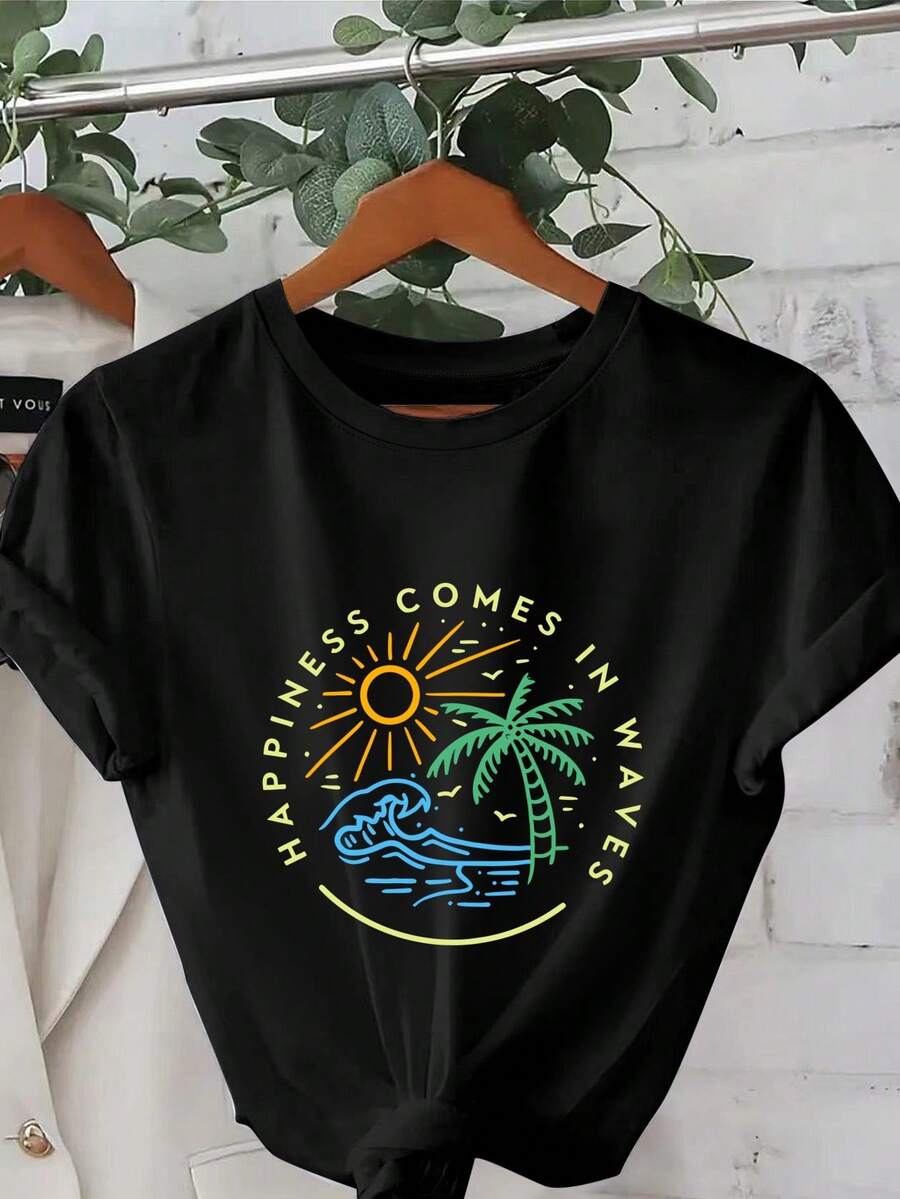 Camiseta de mujer con estampado, camiseta moderna de cuello redondo, ropa de mujer de talla grande, vestimenta femenina. - Negro - Ver 1