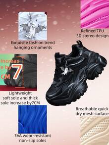 Giày thể thao nữ phong cách Punk Y2K, đế cao EVA tăng chiều cao 7CM, màu đen, cỡ lớn, nhẹ, thoáng khí, chất liệu lưới, trang trí mặt dây chuyền hình ma bạc cho Halloween, giày thể thao ngoài trời đa năng cho phụ nữ nhỏ nhắn. - màu đen - Xem 4