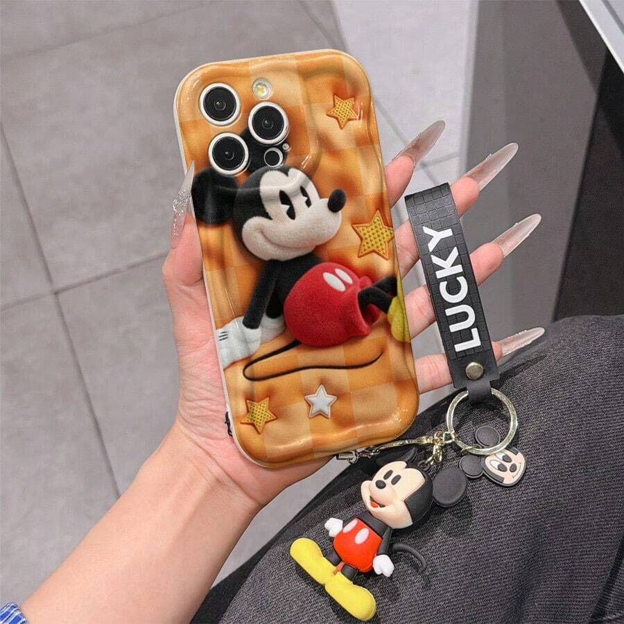 Disney Mickey Mouse Clubhouse Phone Case : 3D Fluffy Pattern Border Protector Phone Soft Phone Case With A Free Cute Mickey Bracelet Chain Lanyard, Mickey, Minnie, Goofy, Donald Duck, Daisy Duck, Pluto, For Apple 17 Promax 17 Pro 16 15 14 13 12 11 Pro Max XS Max X XR Soft Cover Summer Phone Case - trắng - Xem 1