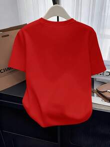 Women's Short-Sleeved T-Shirt, Vintage, Elegant, Exquisite, Fashionable, Thick Fabric, With A Cartoon Bunny Print, Creative, Soft And Comfortable, Loose And Casual, Suitable For The Street, A Beautiful Gift For The Holidays. - 紅色 - 查看 2