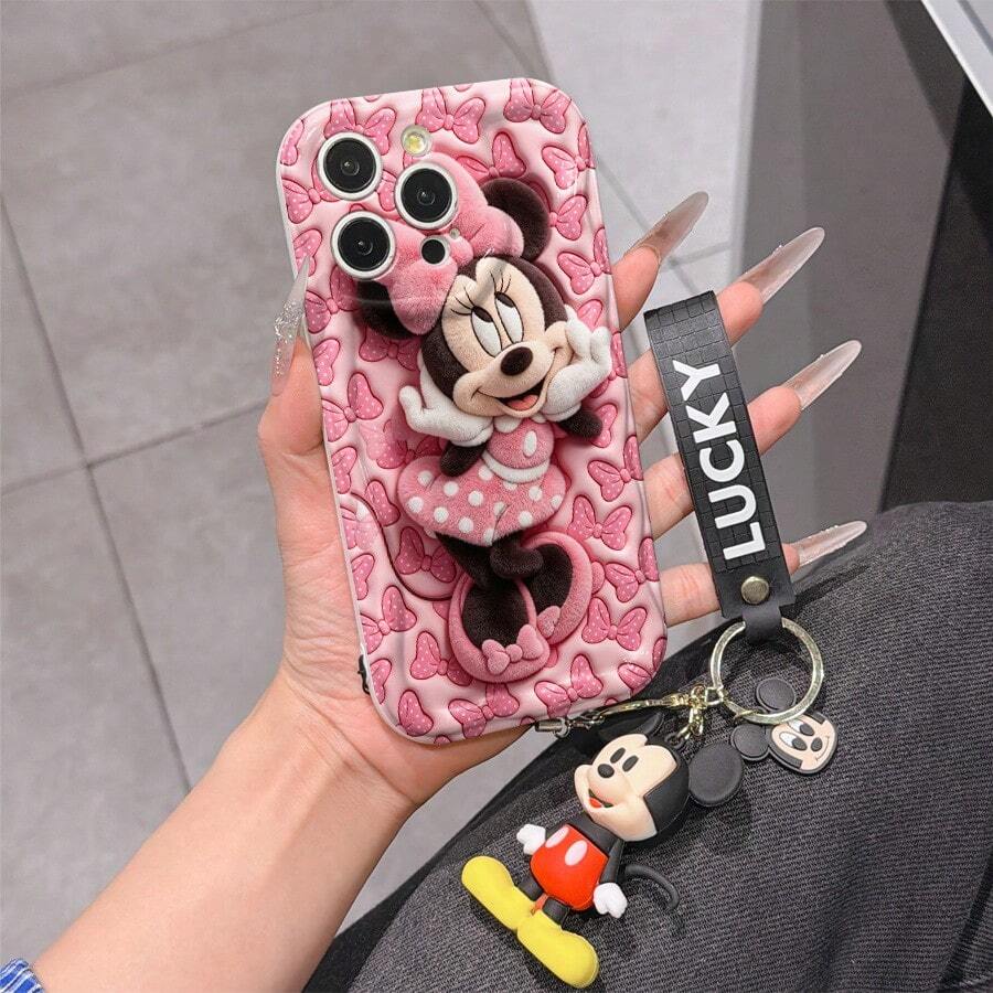Disney Mickey Mouse Clubhouse Phone Case : 3D Fluffy Pattern Border Protector Phone Soft Phone Case With A Free Cute Mickey Bracelet Chain Lanyard, Mickey, Minnie, Goofy, Donald Duck, Daisy Duck, Pluto, For Apple 17 Promax 17 Pro 16 15 14 13 12 11 Pro Max XS Max X XR Soft Cover Summer Phone Case - trắng - Xem 1