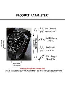3pcs Men's Quartz Watch Set, Including 1pc Black Dial Black Mesh Band Quartz Watch, 1pc Embossed Men's Wallet, And 1pc Neutral Business Ballpoint Pen - Black - View 4