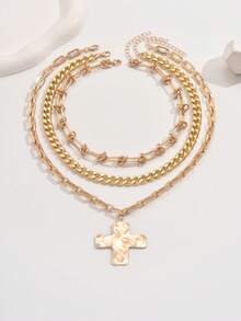 Set de 3 collares de joyería gruesa y elegante en color dorado, con colgante de cruz de cadena gruesa minimalista, estilo punk adecuado para uso diario y fiestas - Multicolor - Ver 2