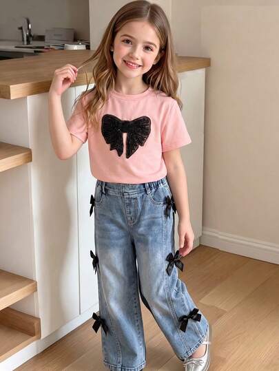 Young Girls 2-Piece Set: Gray Sequin Butterfly Decor Short Sleeve Top + Wide Leg Denim Pants, Summer