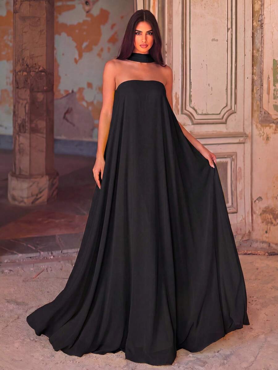 Faeriesty Đầm dạ hội dáng chữ A trễ vai thanh lịch, với cổ áo kiểu dây chuyền và chân váy xòe bồng bềnh - sự lựa chọn lý tưởng cho các buổi dạ tiệc trang trọng, tiệc tối lịch sự, lễ trao giải, dạ hội từ thiện, sự kiện thảm đỏ và làm váy phù dâu. - màu đen - Xem 1