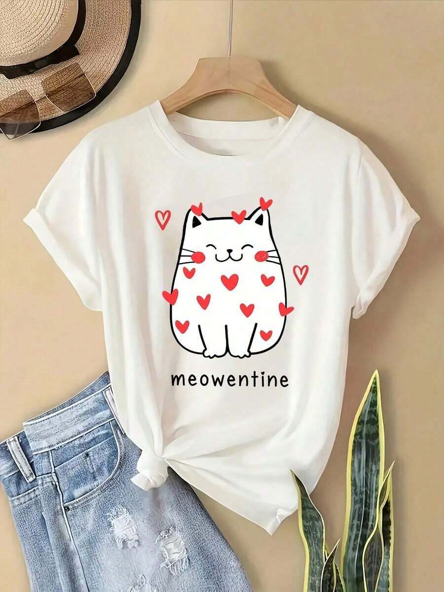 Women's Casual Short Sleeve Crew Neck T-Shirt, Fashionable Sports Series, With Heart And Kitten Print For Valentine's Day, Breathable And Comfortable - 白色 - 查看 1