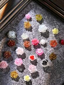 24Grids 混合迷你粉彩玫瑰美甲饰品 渐变闪光玫瑰带亮片山茶花复古浪漫美甲用品 DIY 春夏优雅婚礼美甲配件 女士女孩 - 彩色 - 查看 6