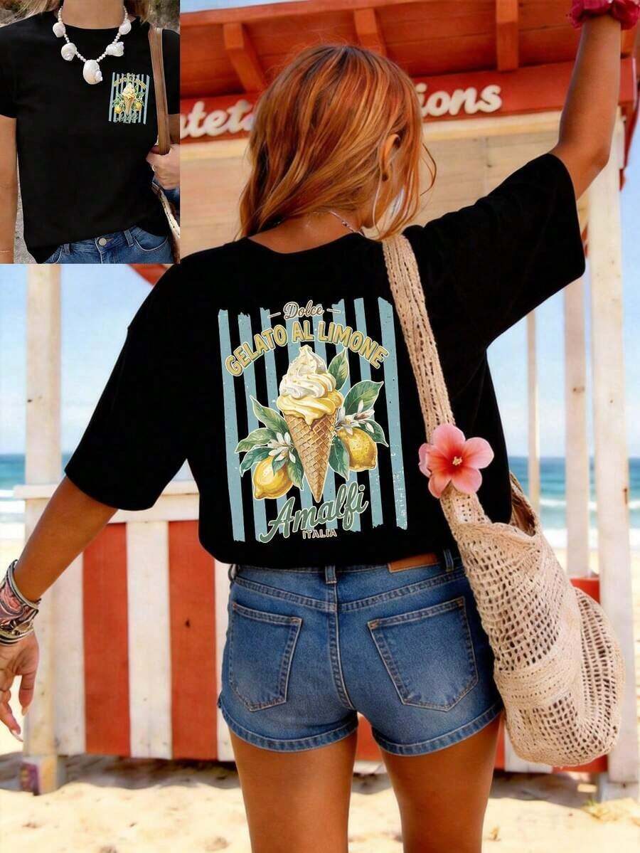 Plus Size Women's Summer Top With Two-Sided Print - Retro Style, "Lemon And Gelato" Pattern, Round Neck And Short Sleeves. Black Tops For Women - Black - View 1