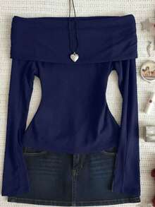 Top de manga larga con hombros descubiertos de unicolor negro, informal de primavera - Azul marino - Ver 1