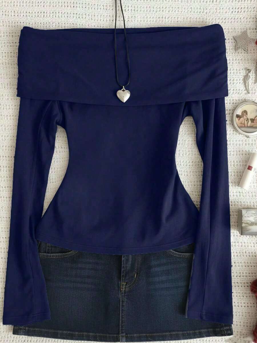 Top de manga larga con hombros descubiertos de unicolor negro, informal de primavera - Azul marino - Ver 1