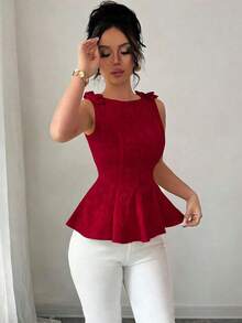 Nueva blusa de tirantes finos con diseño de lazo, cintura ceñida y volantes en el bajo, de tela floral texturizada, para mujer, casual, versátil y elegante para vacaciones - Burdeos - Ver 5
