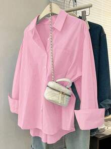 Camisa casual de manga larga de un solo pecho y holgada de unicolor para mujer, otoño - Rosa Pálido - Ver 1