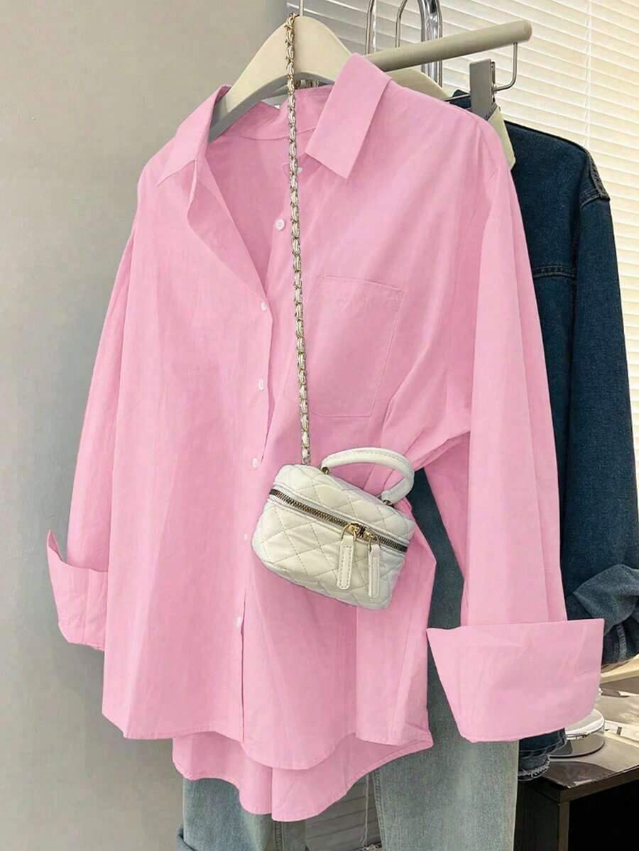 Camisa casual de manga larga de un solo pecho y holgada de unicolor para mujer, otoño - Rosa Pálido - Ver 1