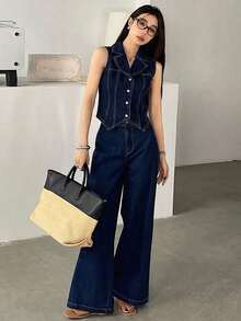 Conjunto de 2 piezas de mujer con chaleco abierto en la parte delantera y pantalones de pierna ancha de mezclilla - Azul lavado oscuro - Ver 9