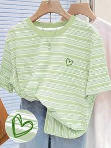 Camiseta de cuello redondo regular para mujer con estampado digital a rayas y bordado de lazo, regalo para amigos - Multicolor 9 - Ver 5
