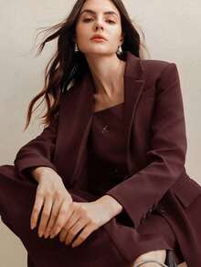 Conjunto de traje de mujer, blazer de unicolor estilo vintage + pantalones rectos, 2 piezas - Burdeos 2 - Ver 7