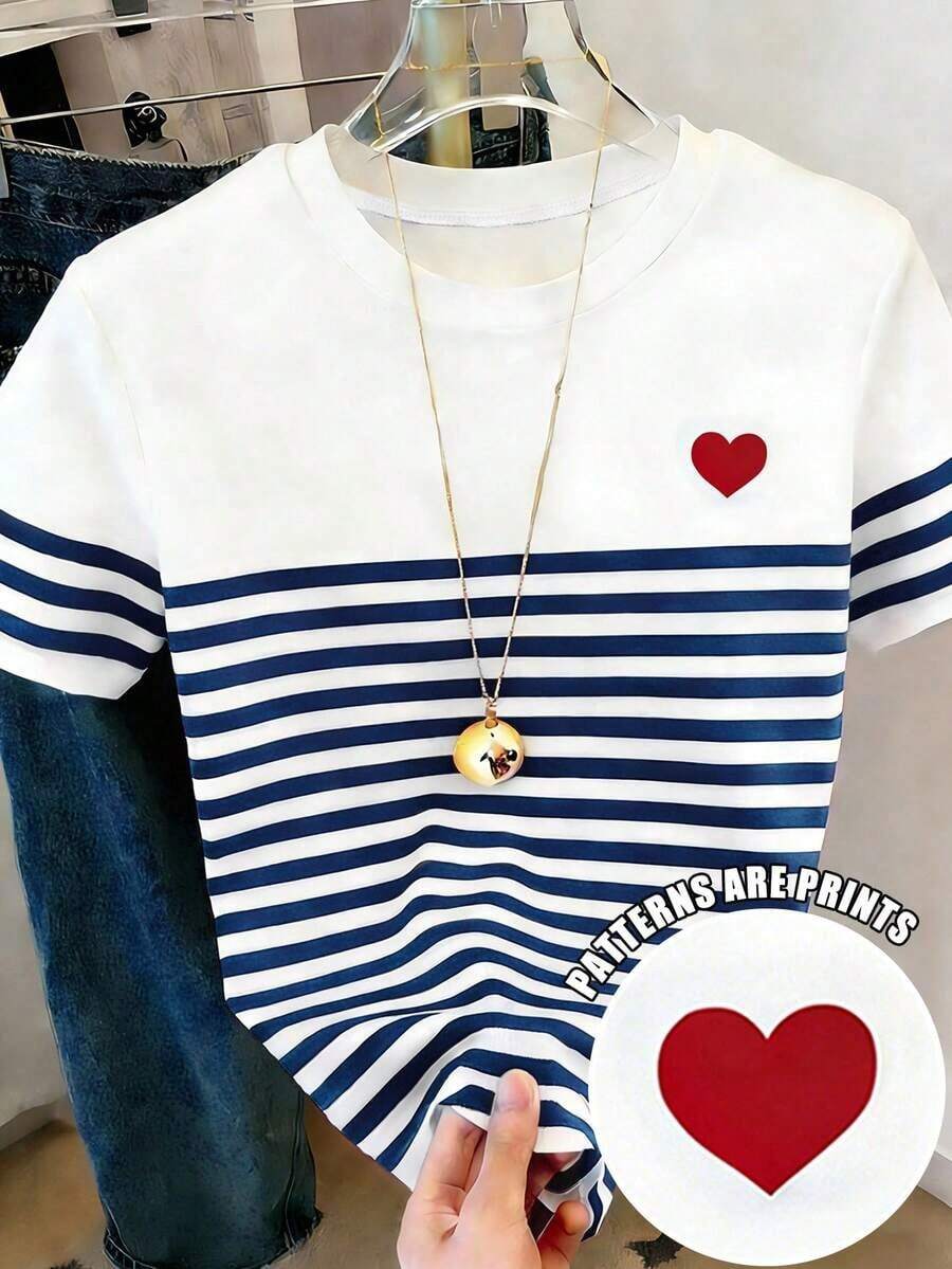 Camiseta de manga corta con cuello redondo y lazo a rayas, de estilo casual para el verano - Multicolor 4 - Ver 1