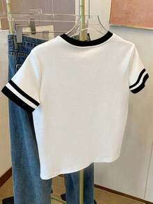 Camiseta de mujer con paneles de imitación de denim a rayas / Estampado de Dachshund / Uso diario casual / Verano - Blanco - Ver 2
