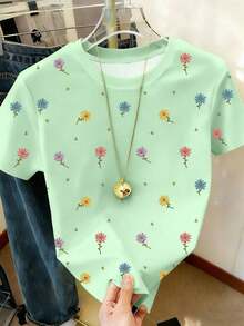 Camiseta de manga corta con estampado floral, camiseta de verano, blusa refrescante para damas, camiseta estética - Multicolor 10 - Ver 3