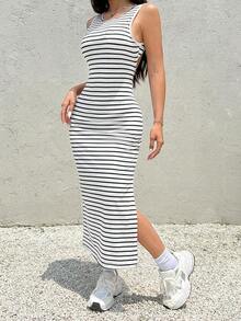 Vestido sin espalda con aberturas laterales y rayas para mujer - Blanco y Negro 2 - Ver 3