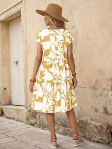 Vestido corto con cuello redondo y manga corta de estampado geométrico, casual para mujer, adecuado para primavera/verano - Amarillo - Ver 2