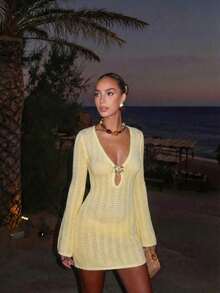 Vestido de manga larga de punto para mujer, estilo de vacaciones en la playa - albaricoque profundo - Ver 5