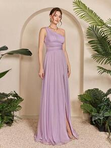Vestido de malla con un hombro asimétrico, pecho fruncido, recorte hueco y abertura alta en A, vestido de dama de honor para boda, color rosa, primavera - Púrpura malva - Ver 5