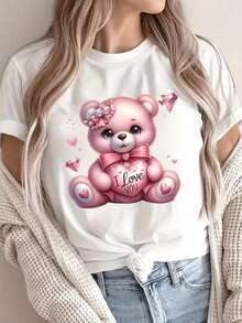 Camiseta de manga corta holgada con estampado de oso de San Valentín de Bohemio para mujer, tela cómoda y transpirable, estilo deportivo casual, adecuada para usar en primavera y verano. Camiseta de algodón. - Blanco - Ver 8