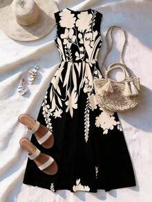 Vestido casual de mujer sin mangas con estampado de posicionamiento simple, vestido acampanado con cintura ceñida, adecuado para verano casual, vacaciones, primavera/verano, oficina, diario, fiesta, playa, graduación, uso versátil de oficina, ves - Multicolor 6 - Ver 3